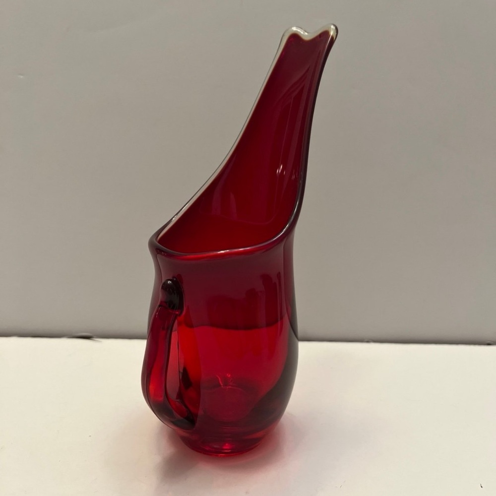 Red Pulled Glass Pitcher with Applied Handle Vintage Funky Fun Small ~ 7 1/2"